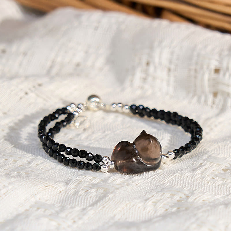 Buddha Stones Armband aus Eisobsidian und schwarzem Spinell, liegende Katze, Mut, doppellagig - Eisobsidian (Handgelenkumfang: 16 cm) - image 1