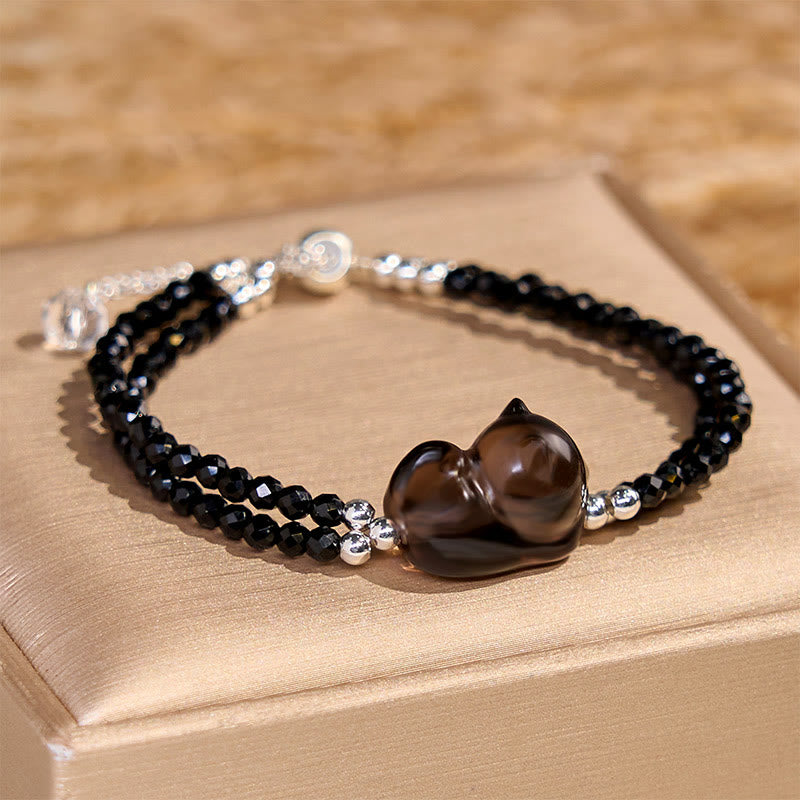 Buddha Stones Armband aus Eisobsidian und schwarzem Spinell, liegende Katze, Mut, doppellagig - image 3