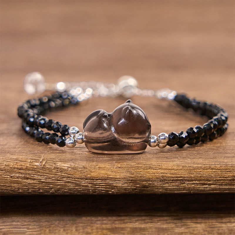 Buddha Stones Armband aus Eisobsidian und schwarzem Spinell, liegende Katze, Mut, doppellagig - image 2