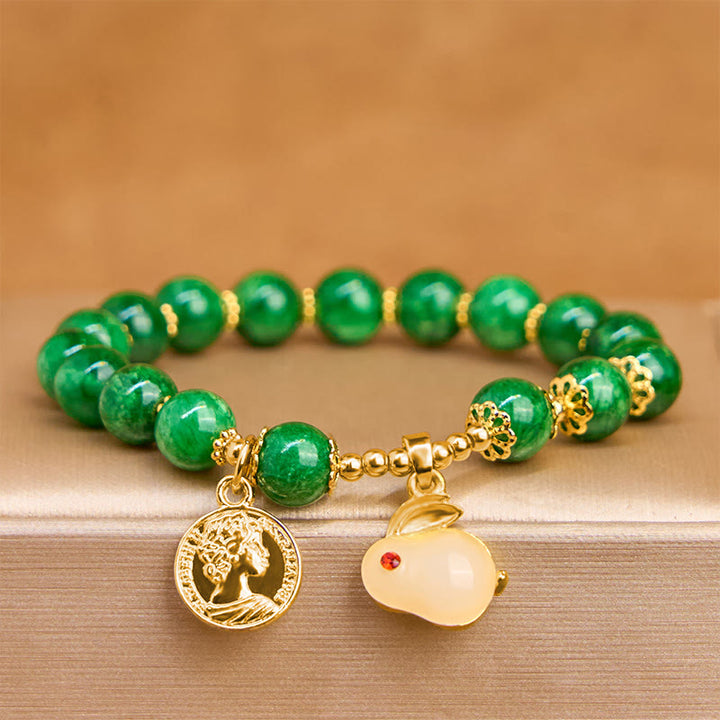Buddha Stones Grüner Calcit Schönes Kaninchen-Charm-Klarheitsarmband