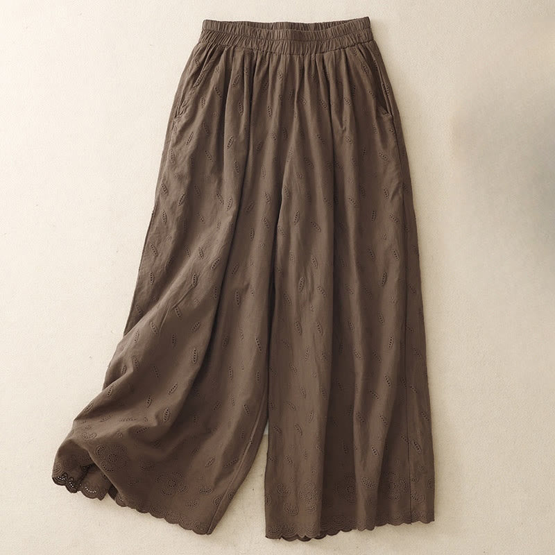 Buddha Stones Sommer Vintage Stickerei Spitzensaum Patchwork Design Damen Weite Bein Baumwollhose mit Taschen - Sattelbraun - US6, UK/AU10, EU38 (XL) - image 0