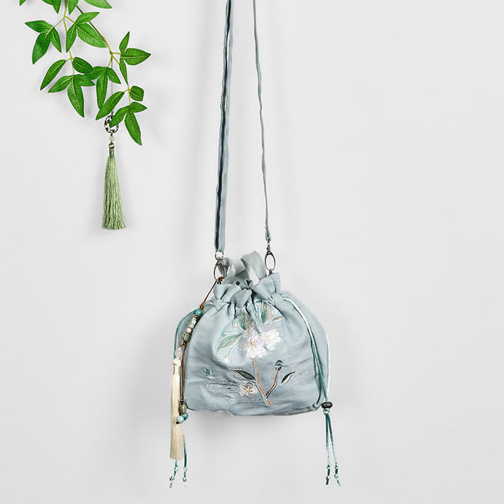 Buddha Stones, bestickt, grüne Blumen, Blütenblätter, Canvas-Tragetasche, Umhängetasche, Handtasche