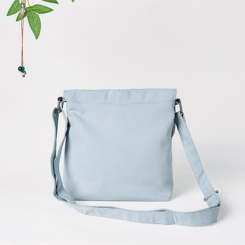 Buddha Stones Plain Embroidered LightBlue Epiphyllum Cotton Linen Crossbody Bag Schultertasche