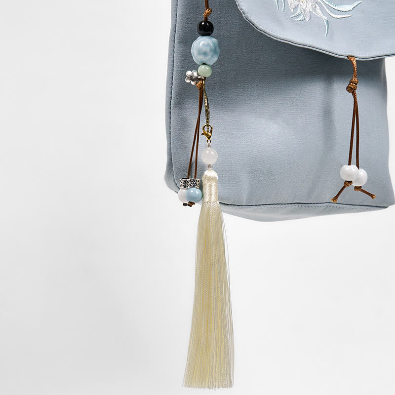 Buddha Stones Plain Embroidered LightBlue Epiphyllum Cotton Linen Crossbody Bag Schultertasche