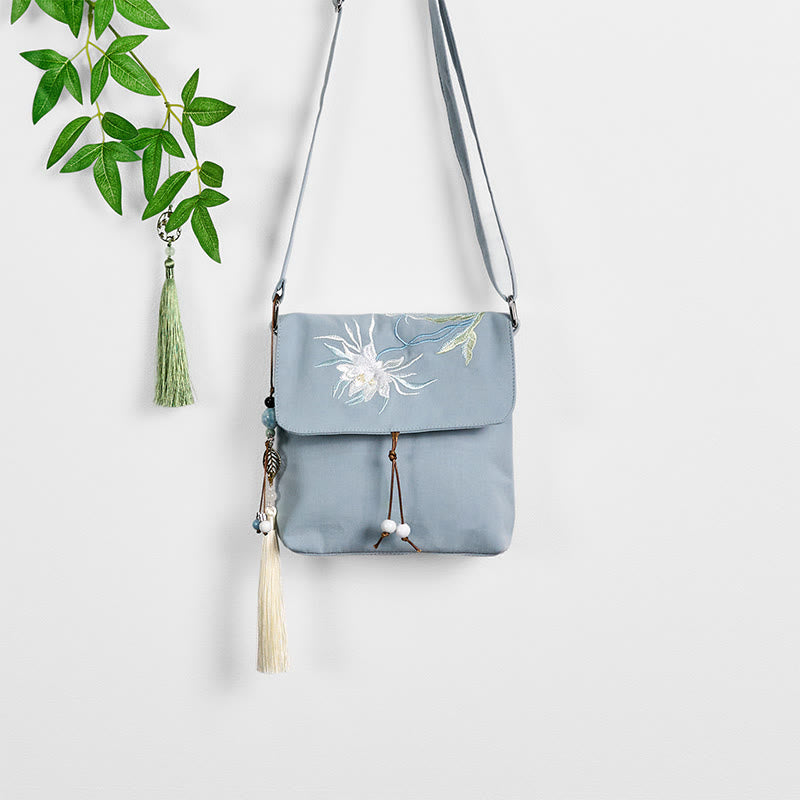 Buddha Stones Plain Embroidered LightBlue Epiphyllum Cotton Linen Crossbody Bag Schultertasche