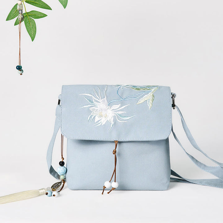 Buddha Stones Plain Embroidered LightBlue Epiphyllum Cotton Linen Crossbody Bag Schultertasche