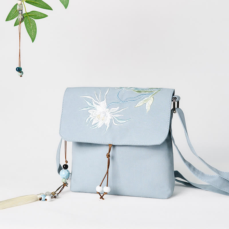 Buddha Stones Plain Embroidered LightBlue Epiphyllum Cotton Linen Crossbody Bag Schultertasche