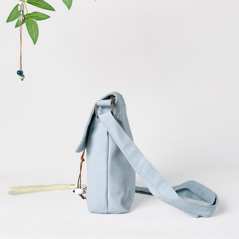 Buddha Stones Plain Embroidered LightBlue Epiphyllum Cotton Linen Crossbody Bag Schultertasche