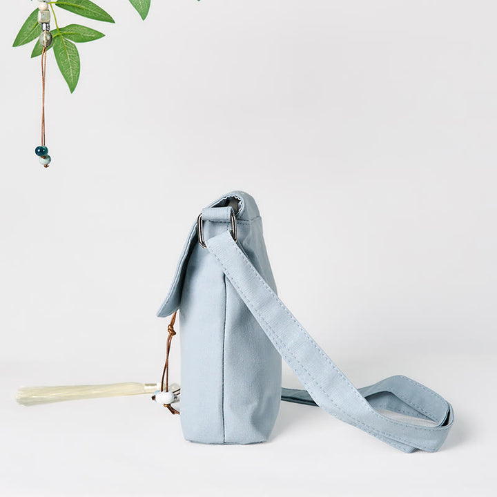 Buddha Stones Plain Embroidered LightBlue Epiphyllum Cotton Linen Crossbody Bag Schultertasche
