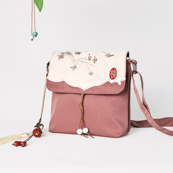 Buddha Stones Plain Braun Bestickt Plum Bossom Baumwolle Leinen Umhängetasche Schultertasche