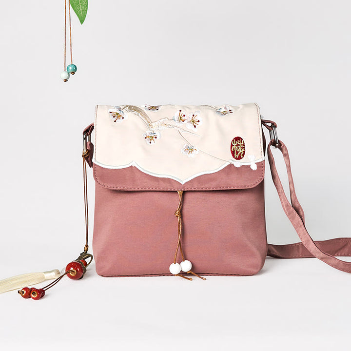 Buddha Stones Plain Braun Bestickt Plum Bossom Baumwolle Leinen Umhängetasche Schultertasche