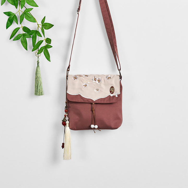 Buddha Stones Plain Braun Bestickt Plum Bossom Baumwolle Leinen Umhängetasche Schultertasche