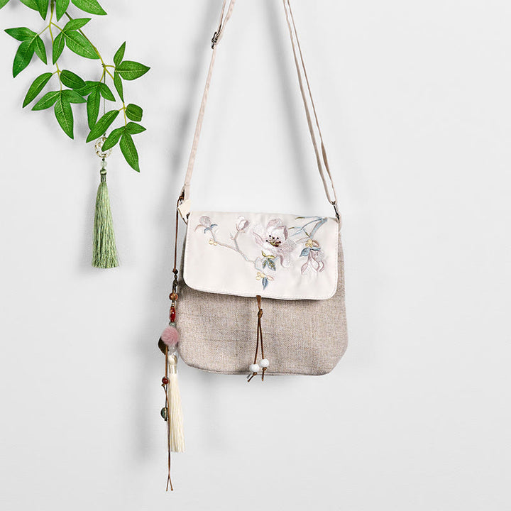 Buddha Stones Handgefertigter Rucksack aus Polyester-Canvas mit großer Kapazität und Magnolienstickerei