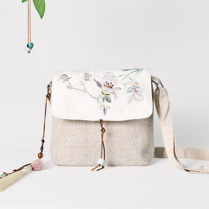 Buddha Stones Handgefertigter Rucksack aus Polyester-Canvas mit großer Kapazität und Magnolienstickerei