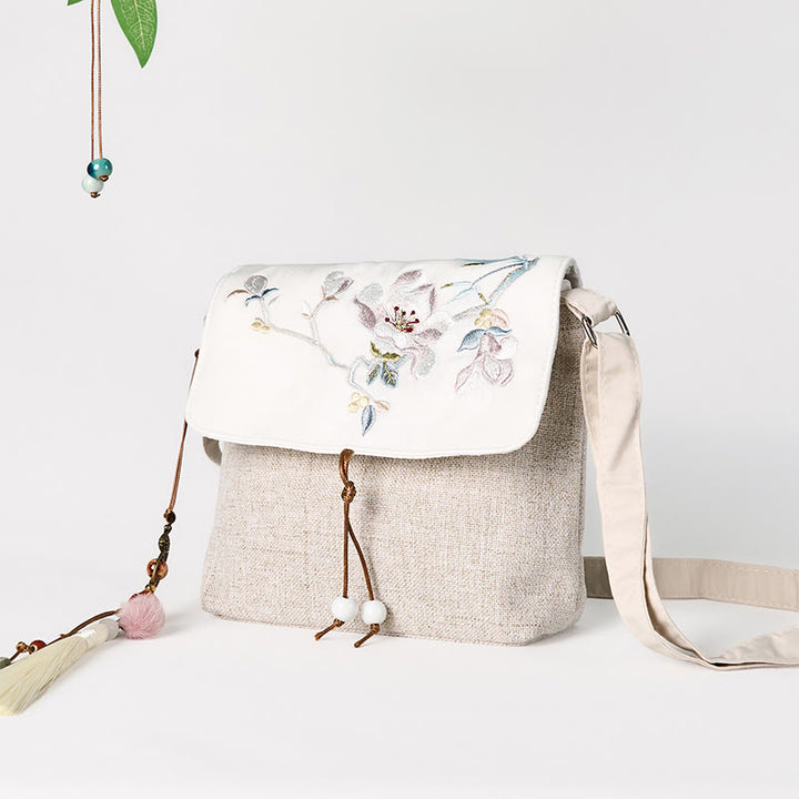 Buddha Stones Handgefertigter Rucksack aus Polyester-Canvas mit großer Kapazität und Magnolienstickerei