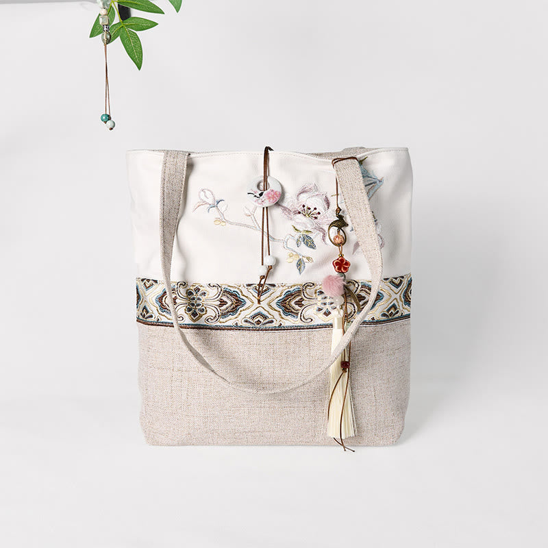Buddha Stones Magnolia Stickerei Canvas Polyester Schultertasche