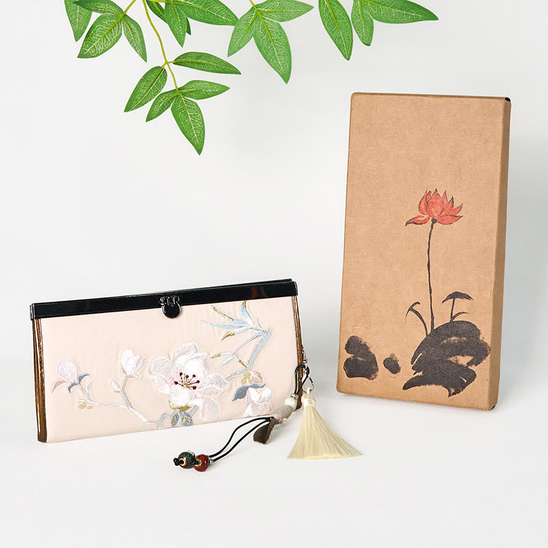 Buddha Stones Magnolienblume Doppelseitige Stickerei Große Kapazität Bargeldhalter Geldbörse Einkaufstasche