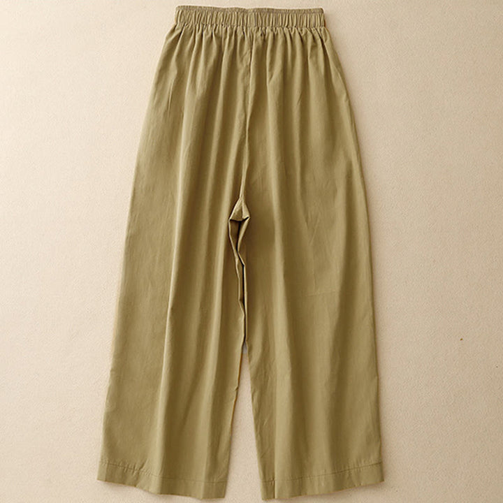 Buddha Stones Casual Vintage Einfarbige Knopfdesign Damenhose aus Baumwolle mit weitem Bein und Taschen