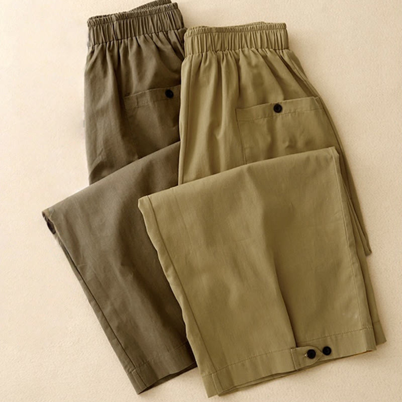 Buddha Stones Casual Vintage Einfarbige Knopfdesign Damenhose aus Baumwolle mit weitem Bein und Taschen