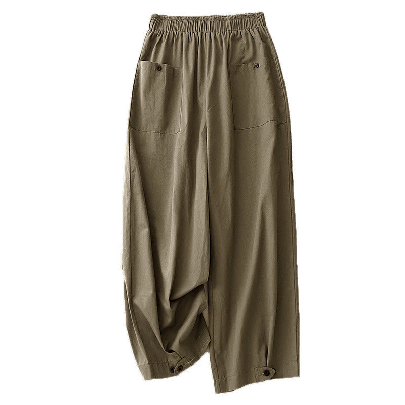 Buddha Stones Casual Vintage Einfarbige Knopfdesign Damenhose aus Baumwolle mit weitem Bein und Taschen