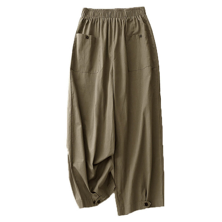 Buddha Stones Casual Vintage Einfarbige Knopfdesign Damenhose aus Baumwolle mit weitem Bein und Taschen