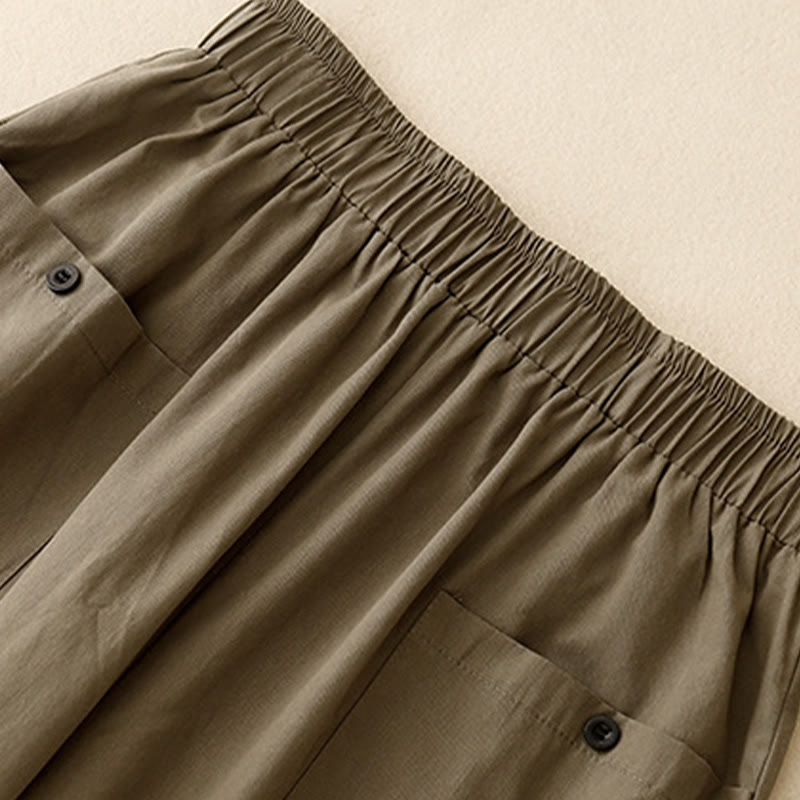 Buddha Stones Casual Vintage Einfarbige Knopfdesign Damenhose aus Baumwolle mit weitem Bein und Taschen - image 9