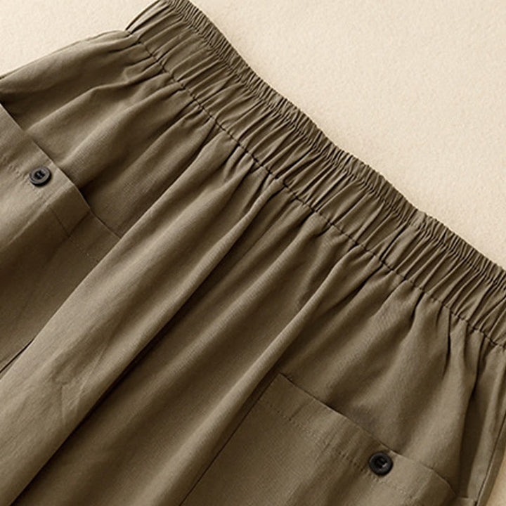 Buddha Stones Casual Vintage Einfarbige Knopfdesign Damenhose aus Baumwolle mit weitem Bein und Taschen - image 9