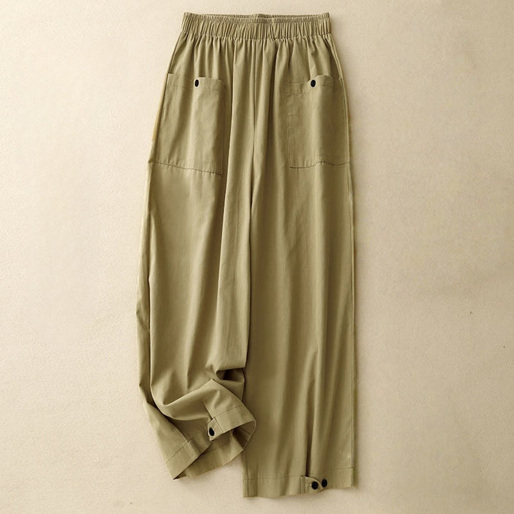 Buddha Stones Casual Vintage Einfarbige Knopfdesign Damenhose aus Baumwolle mit weitem Bein und Taschen
