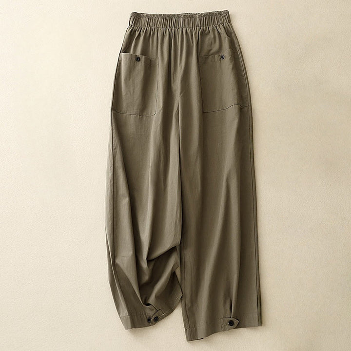 Buddha Stones Casual Vintage Einfarbige Knopfdesign Damenhose aus Baumwolle mit weitem Bein und Taschen