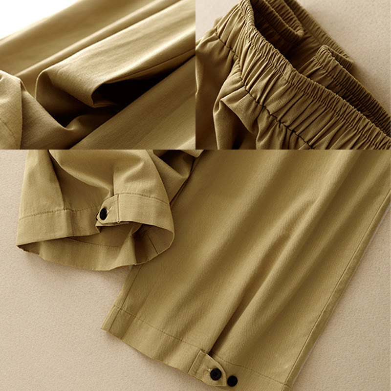Buddha Stones Casual Vintage Einfarbige Knopfdesign Damenhose aus Baumwolle mit weitem Bein und Taschen
