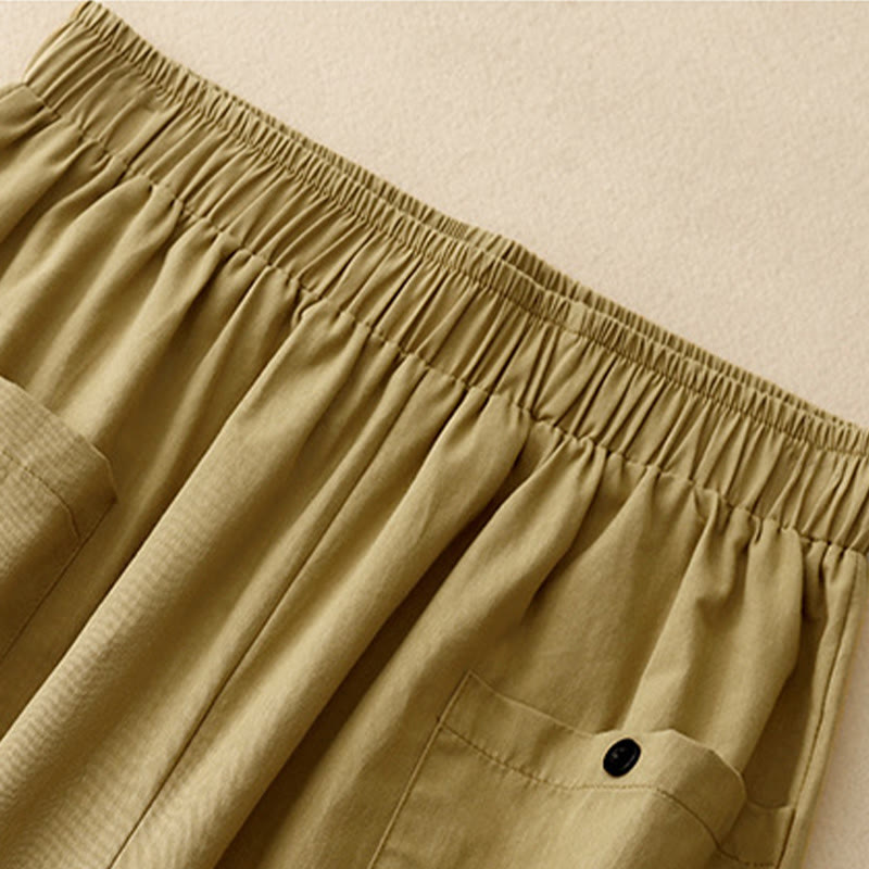 Buddha Stones Casual Vintage Einfarbige Knopfdesign Damenhose aus Baumwolle mit weitem Bein und Taschen