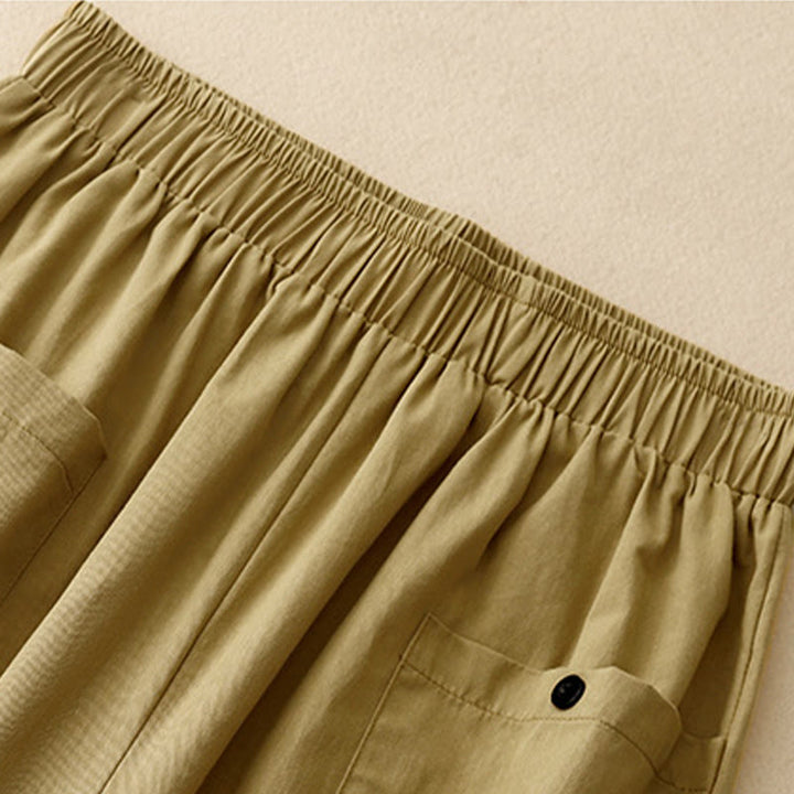 Buddha Stones Casual Vintage Einfarbige Knopfdesign Damenhose aus Baumwolle mit weitem Bein und Taschen