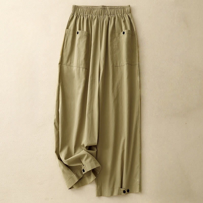 Buddha Stones Casual Vintage Einfarbige Knopfdesign Damenhose aus Baumwolle mit weitem Bein und Taschen - Goldrute - US8-10， UK/AU12-14，EU40-42 (2XL) - image 0