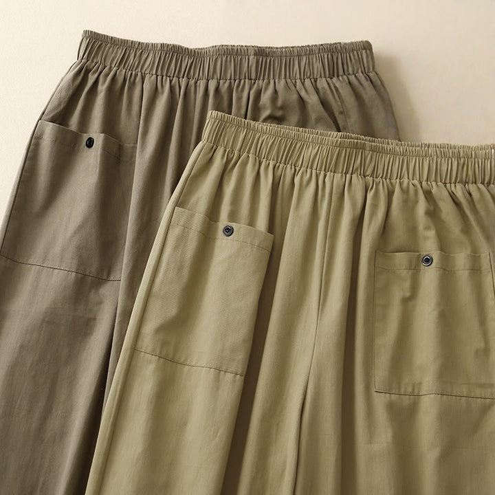 Buddha Stones Casual Vintage Einfarbige Knopfdesign Damenhose aus Baumwolle mit weitem Bein und Taschen