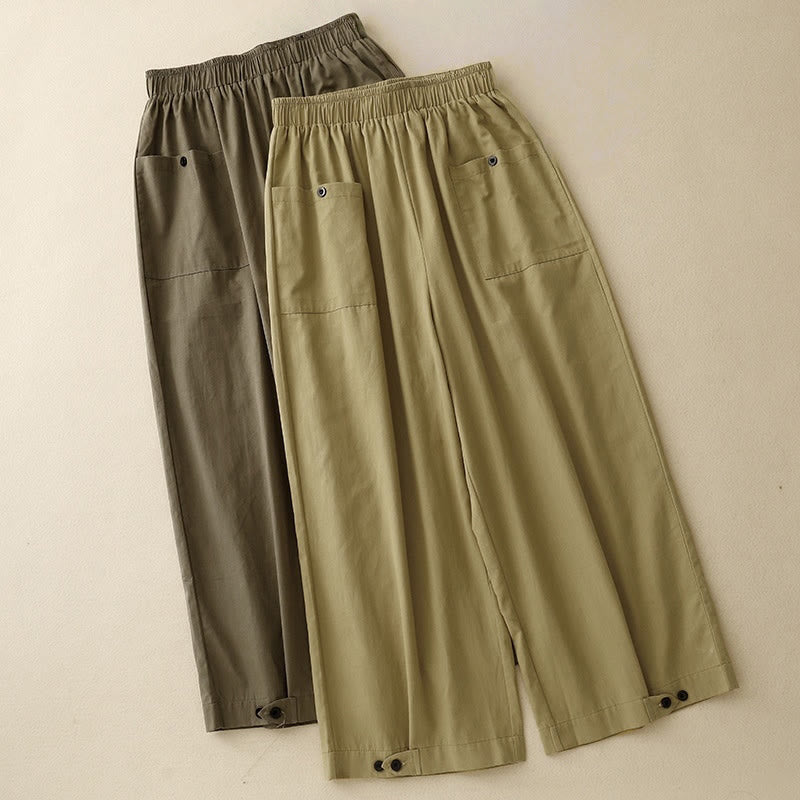 Buddha Stones Casual Vintage Einfarbige Knopfdesign Damenhose aus Baumwolle mit weitem Bein und Taschen
