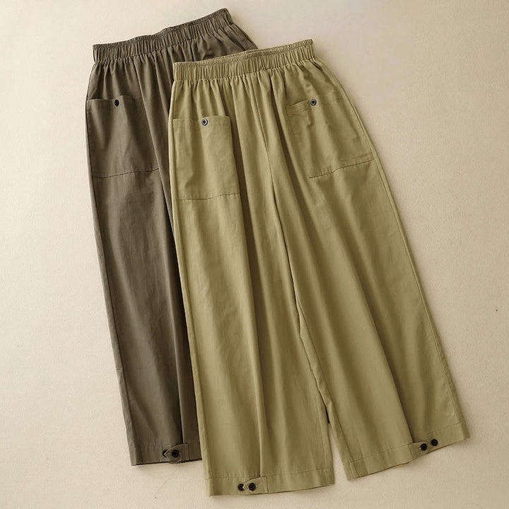 Buddha Stones Casual Vintage Einfarbige Knopfdesign Damenhose aus Baumwolle mit weitem Bein und Taschen