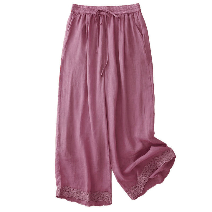 Buddha Stones Casual Vintage Plain Kordelzug Spitze Patchwork Design Damen Weites Bein Baumwolle Elastischer Bund Hose mit Taschen - image 9