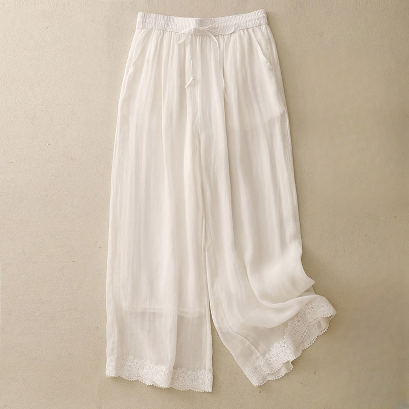 Buddha Stones Casual Vintage Plain Kordelzug Spitze Patchwork Design Damen Weites Bein Baumwolle Elastischer Bund Hose mit Taschen - FloralWeiß - US8-10, UK/AU12-14, EU40-42 (2XL) - image 17