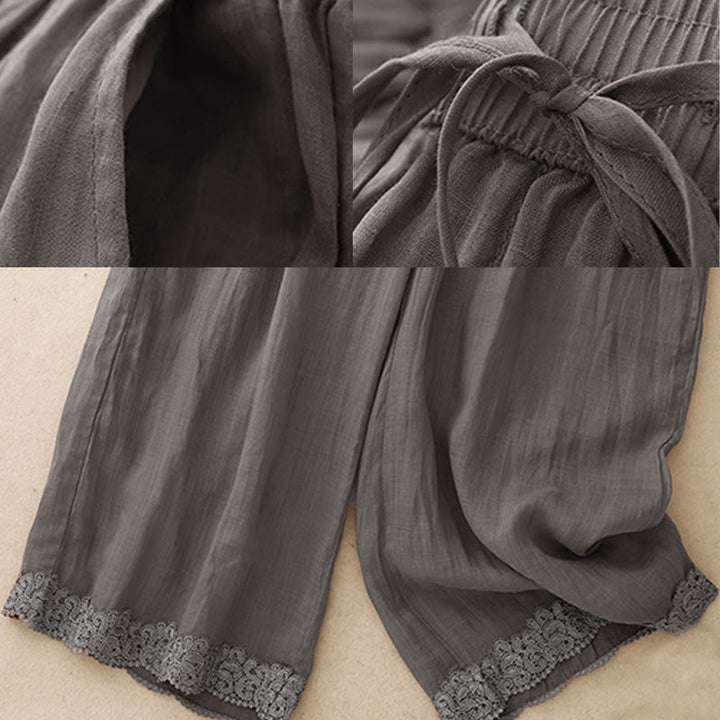 Buddha Stones Casual Vintage Plain Kordelzug Spitze Patchwork Design Damen Weites Bein Baumwolle Elastischer Bund Hose mit Taschen - image 5