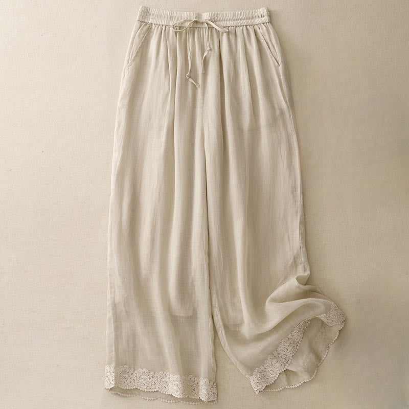 Buddha Stones Casual Vintage Plain Kordelzug Spitze Patchwork Design Damen Weites Bein Baumwolle Elastischer Bund Hose mit Taschen - Hellgoldgelb - US8-10, UK/AU12-14, EU40-42 (2XL) - image 10