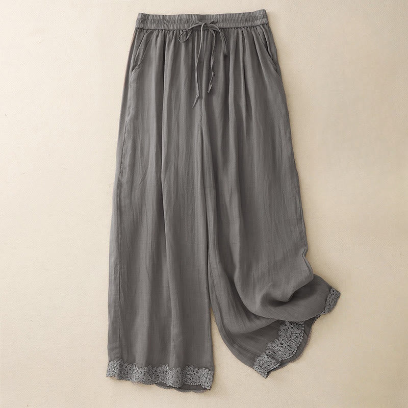 Buddha Stones Casual Vintage Plain Kordelzug Spitze Patchwork Design Damen Weites Bein Baumwolle Elastischer Bund Hose mit Taschen - Schiefergrau - US8-10, UK/AU12-14, EU40-42 (2XL) - image 3