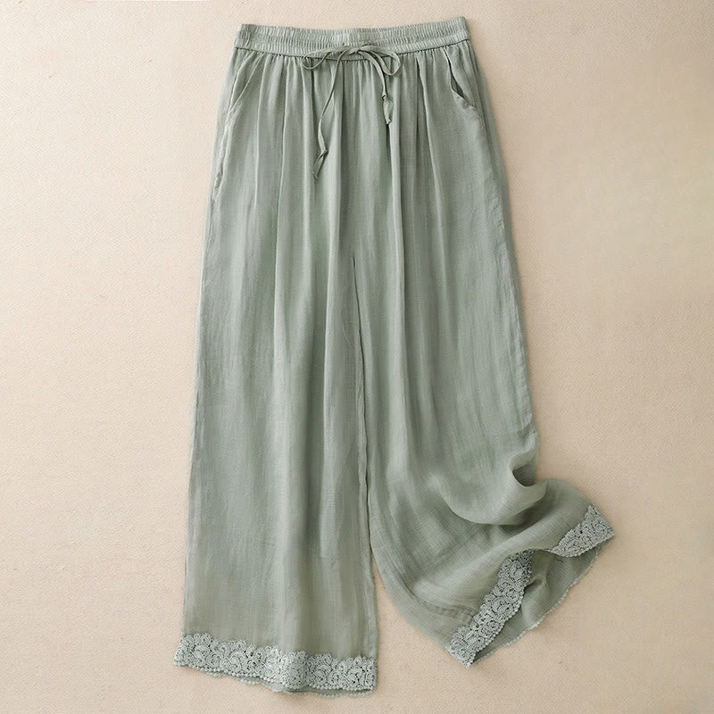 Buddha Stones Casual Vintage Plain Kordelzug Spitze Patchwork Design Damen Weites Bein Baumwolle Elastischer Bund Hose mit Taschen - MittelAquamarin - US8-10， UK/AU12-14，EU40-42 (2XL) - image 0