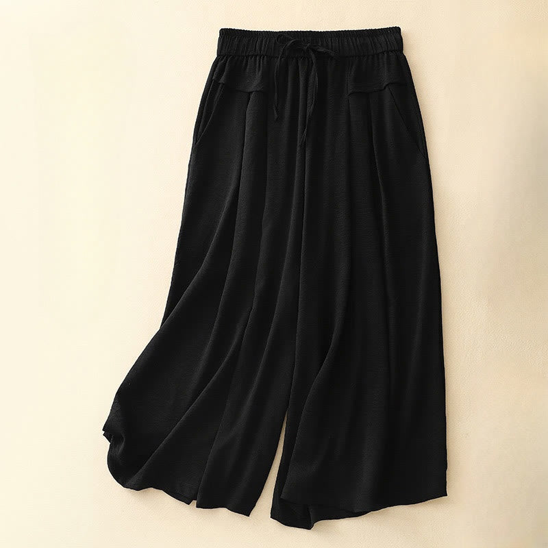 Buddha Stones Causal Ethnic Simple Drawstring Design Damen Weite Beinhose aus Baumwollleinen mit Taschen