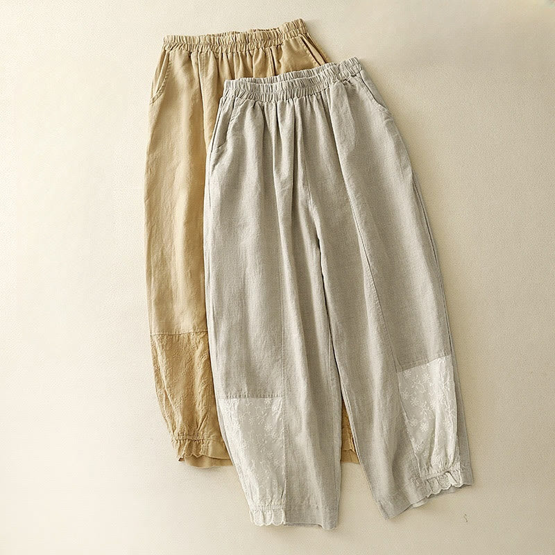 Buddha Stones Sommerstickerei Reine Farbe Patchwork Design Damen Baumwollleinenhose mit Taschen