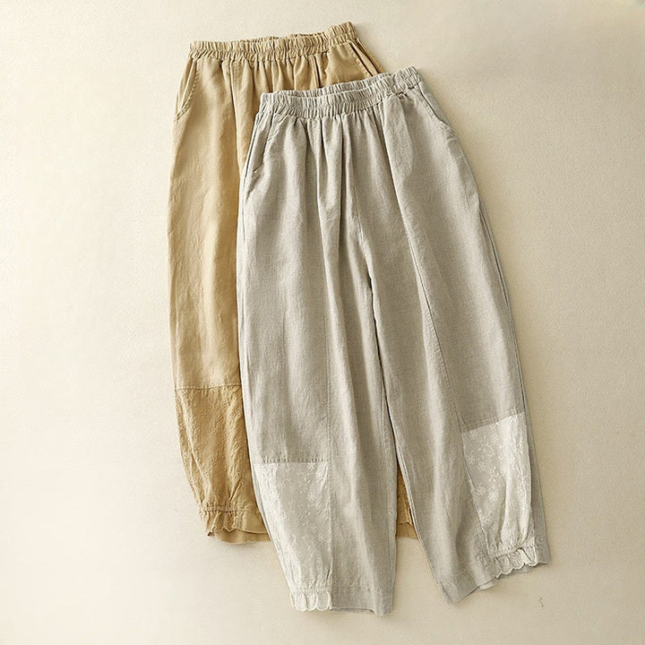 Buddha Stones Sommerstickerei Reine Farbe Patchwork Design Damen Baumwollleinenhose mit Taschen