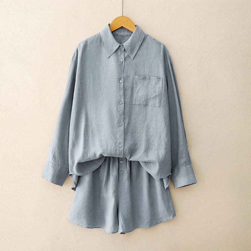 Buddha Stones Sommer 2-teilig Einfarbig Langarmshirt Top Strickjacke Shorts Meditationskleidung Damen Set mit Taschen - KornblumeBlau - US12， UK/AU16，EU44 (2XL) - image 17