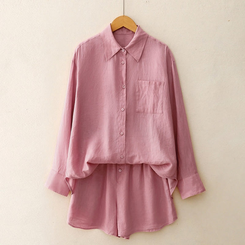 Buddha Stones Sommer 2-teilig Einfarbig Langarmshirt Top Strickjacke Shorts Meditationskleidung Damen Set mit Taschen - image 1