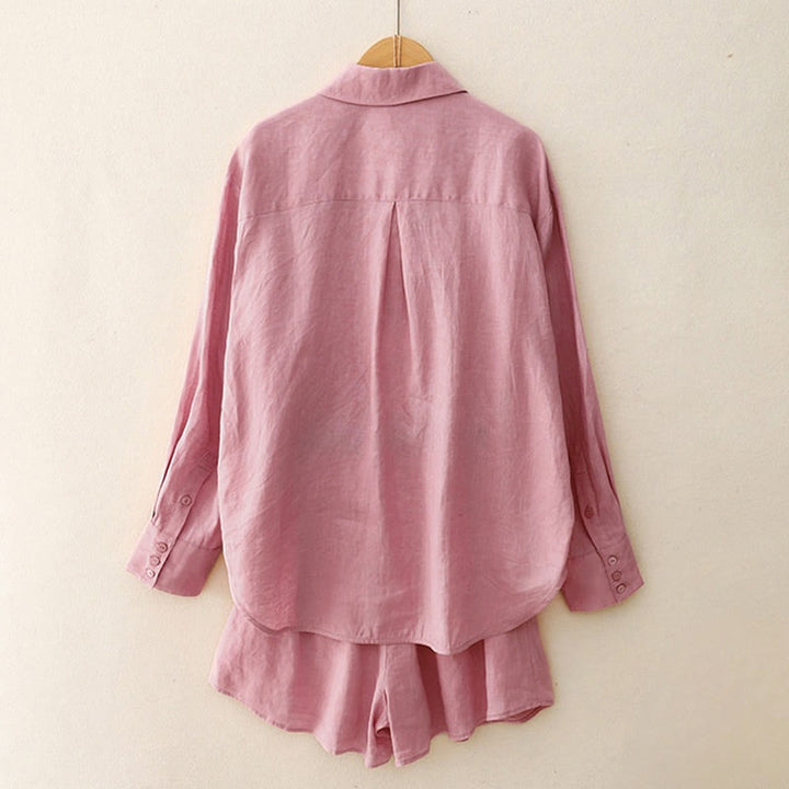 Buddha Stones Sommer 2-teilig Einfarbig Langarmshirt Top Strickjacke Shorts Meditationskleidung Damen Set mit Taschen - image 2