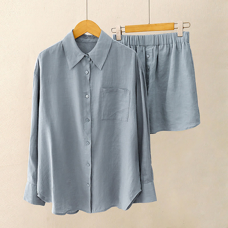 Buddha Stones Sommer 2-teiliges schlichtes Langarmshirt und Shorts Meditationskleidung Damen Set mit Taschen - image 18