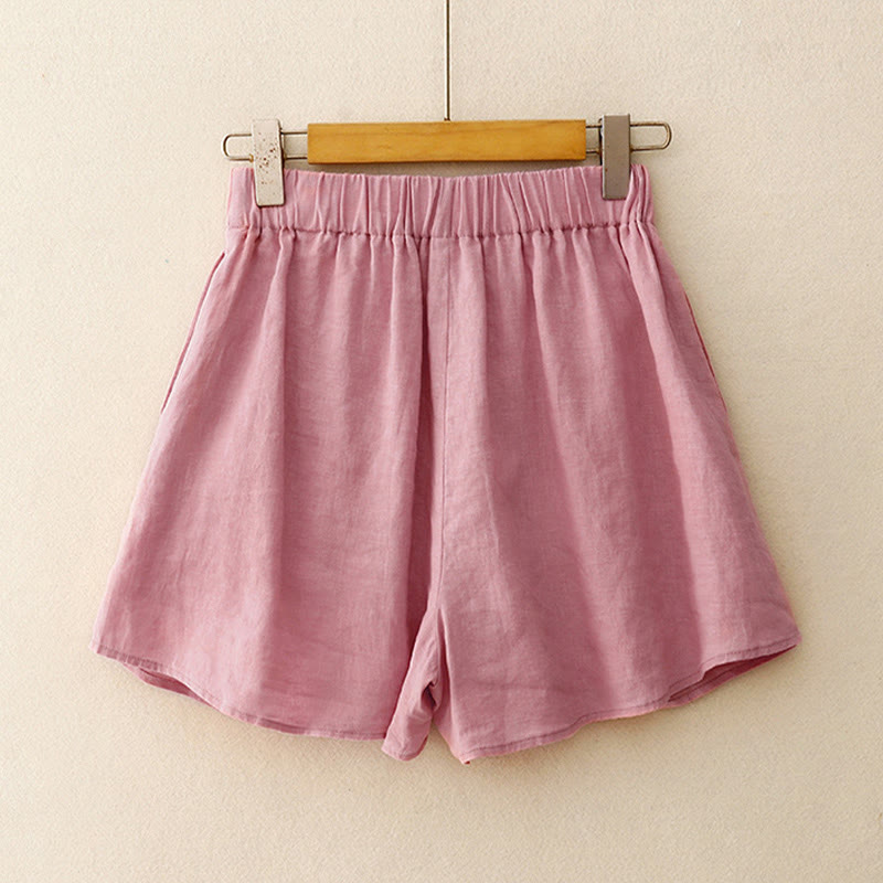 Buddha Stones Sommer 2-teilig Einfarbig Langarmshirt Top Strickjacke Shorts Meditationskleidung Damen Set mit Taschen - image 9